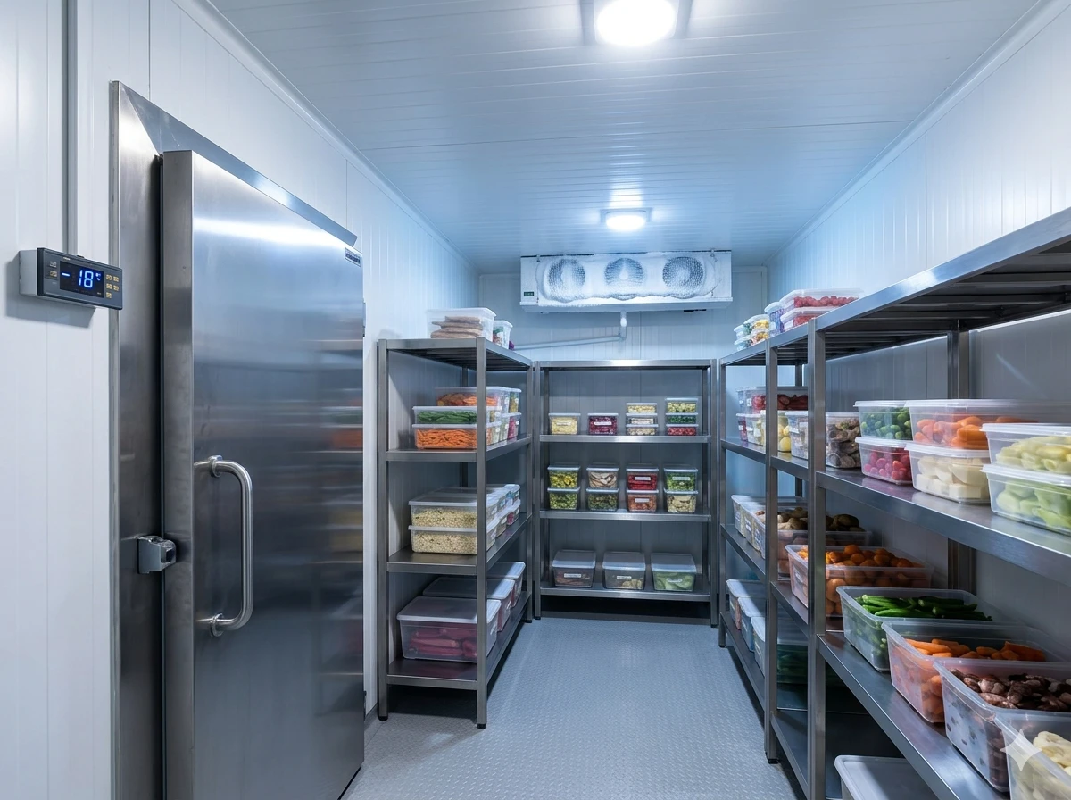 Interior de câmara frigorífica com prateleiras de inox e alimentos organizados