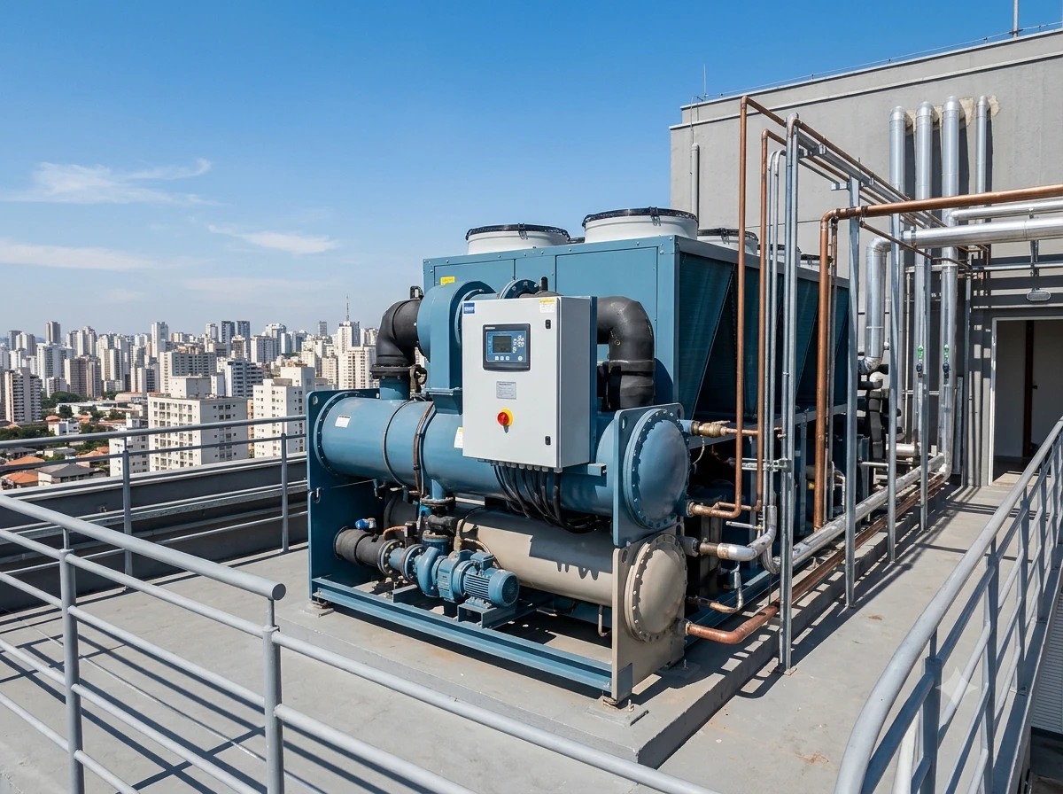 Sistema Chiller industrial instalado em cobertura de edifício em São Paulo