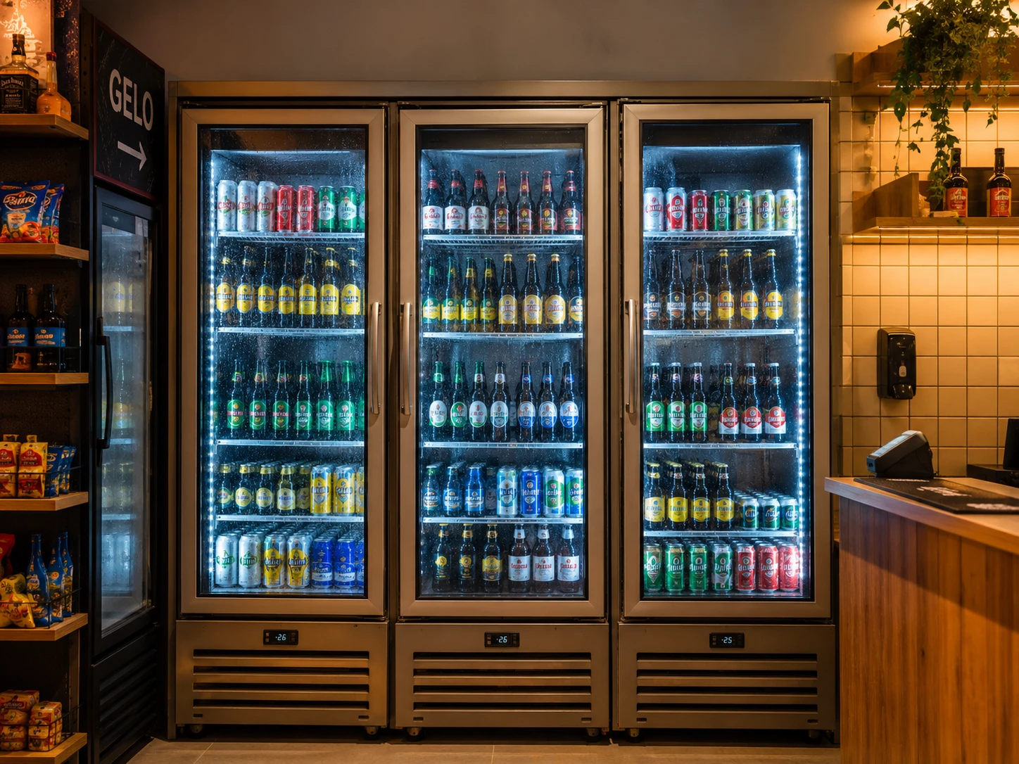 Cervejeiras comerciais com portas de vidro iluminadas em bar