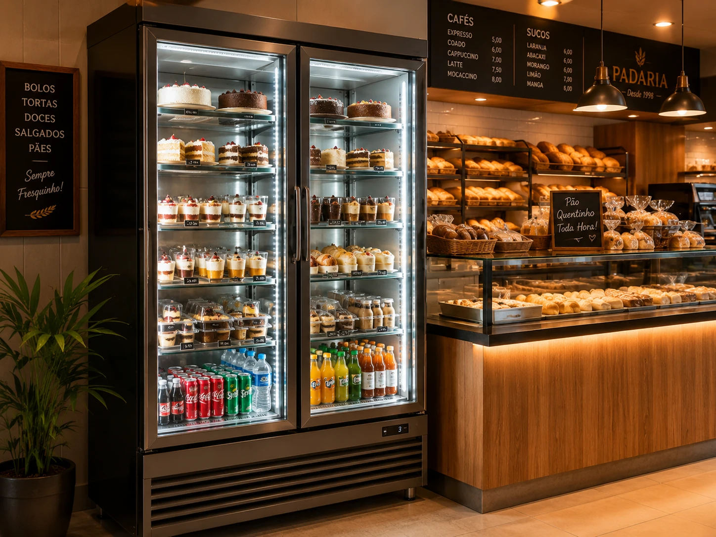 Geladeira vitrine expositora em padaria com bolos e bebidas