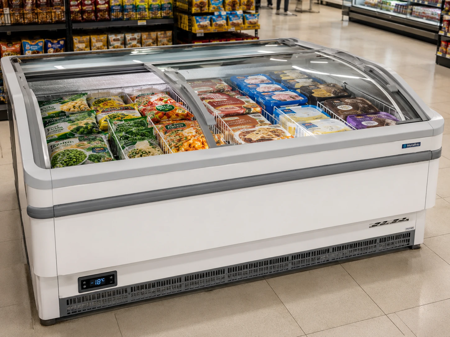 Ilha de congelados em supermercado com display de temperatura -18°C