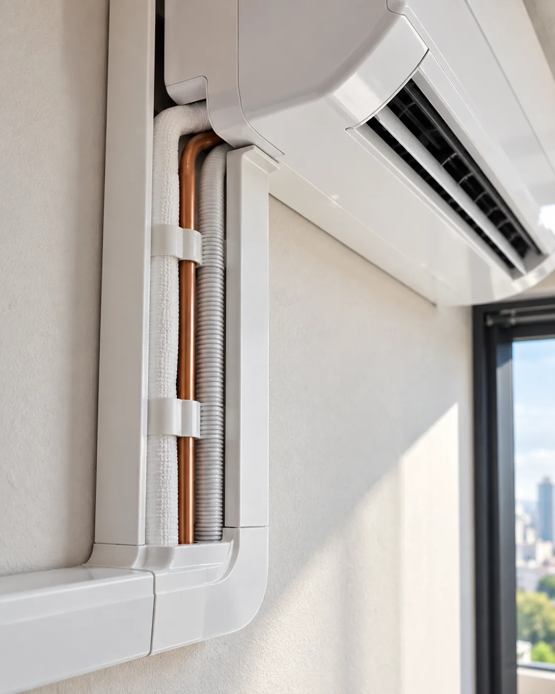 Detalhe de acabamento premium com tubulação embutida em canaleta e dreno discreto