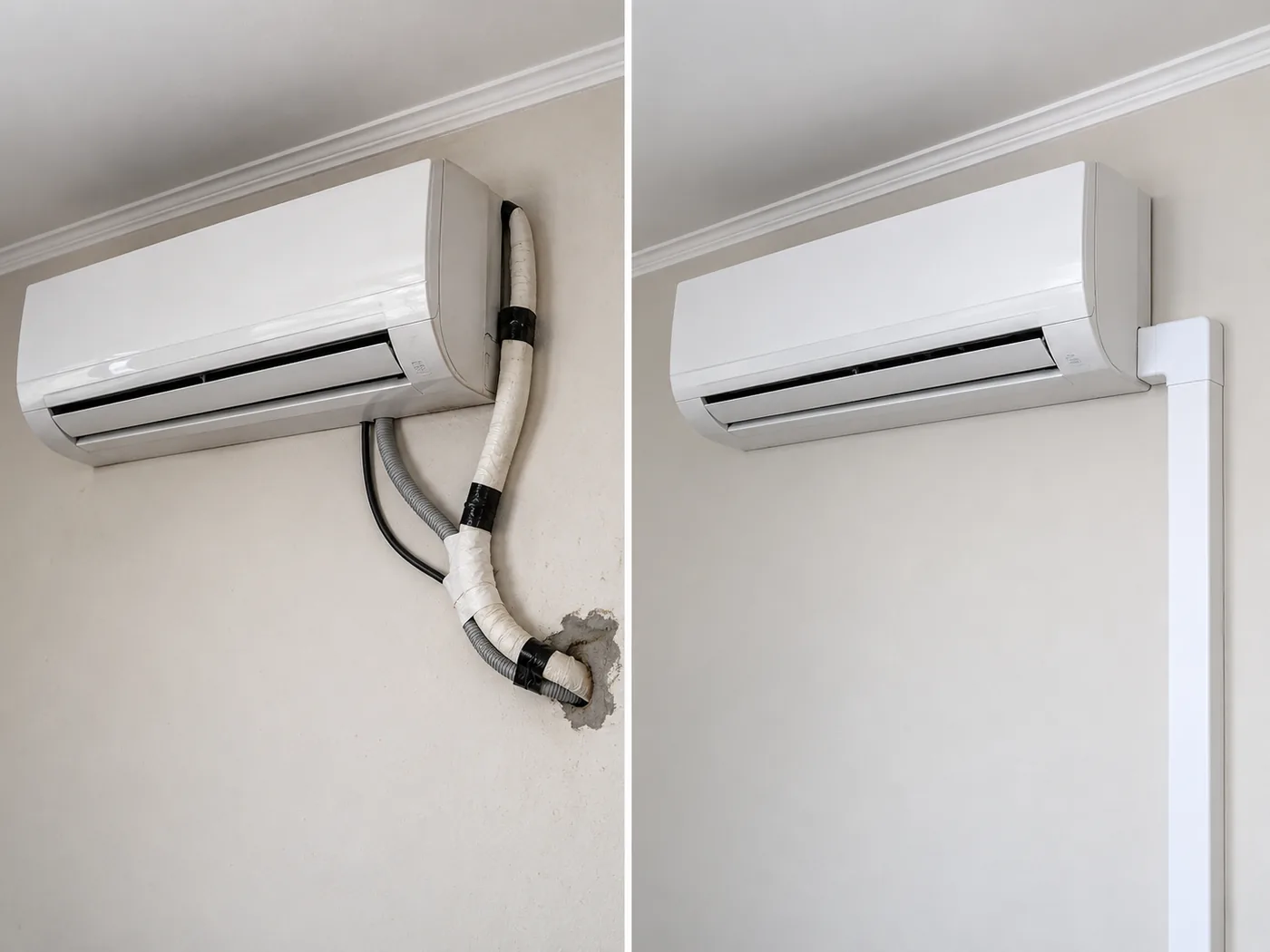 Comparativo entre instalação improvisada com tubulação exposta e instalação profissional com tubulação embutida em canaleta