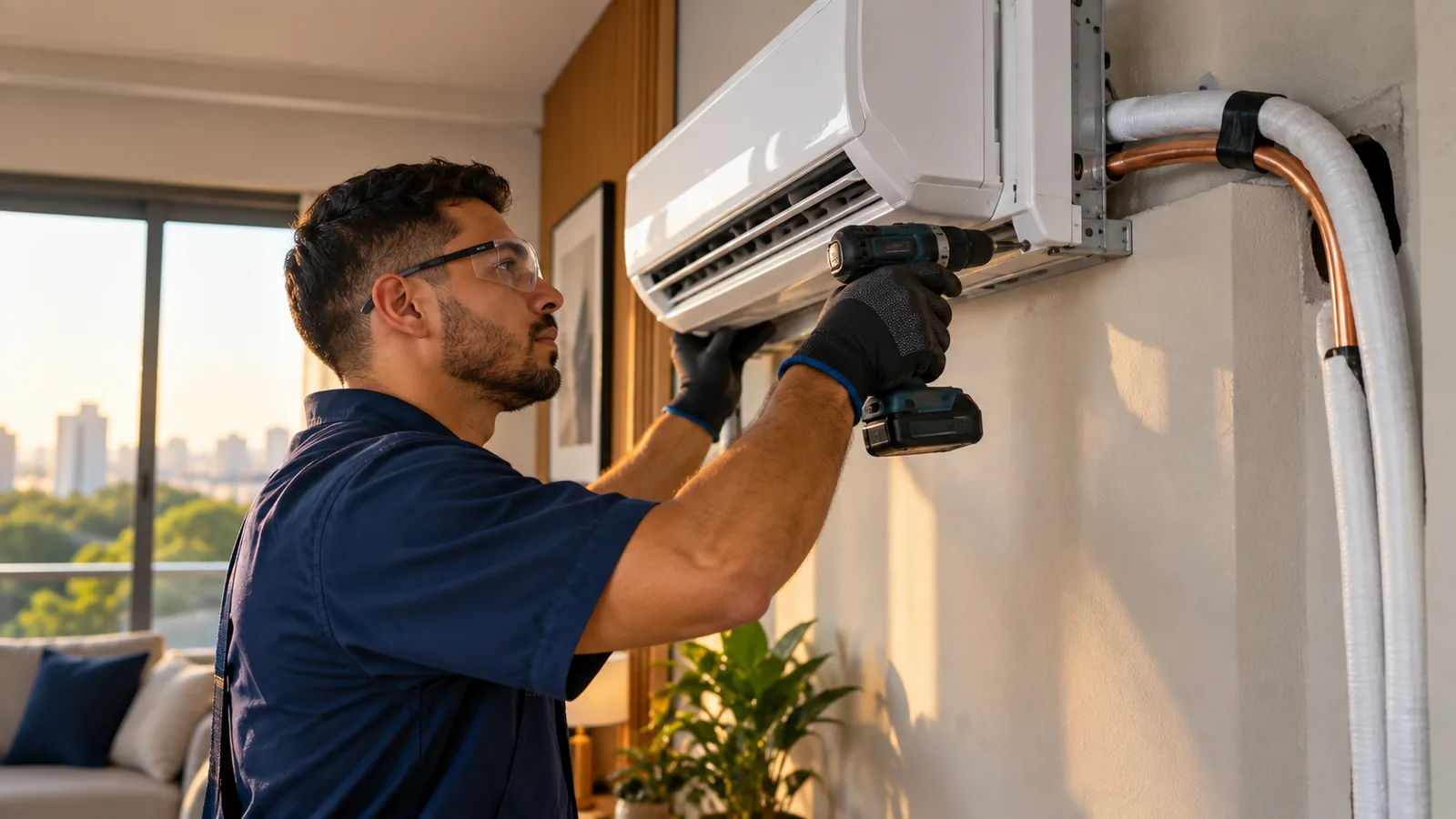 Técnico da SP Manutenções instalando ar condicionado Split Hi-Wall com tubulação de cobre em residência de São Paulo