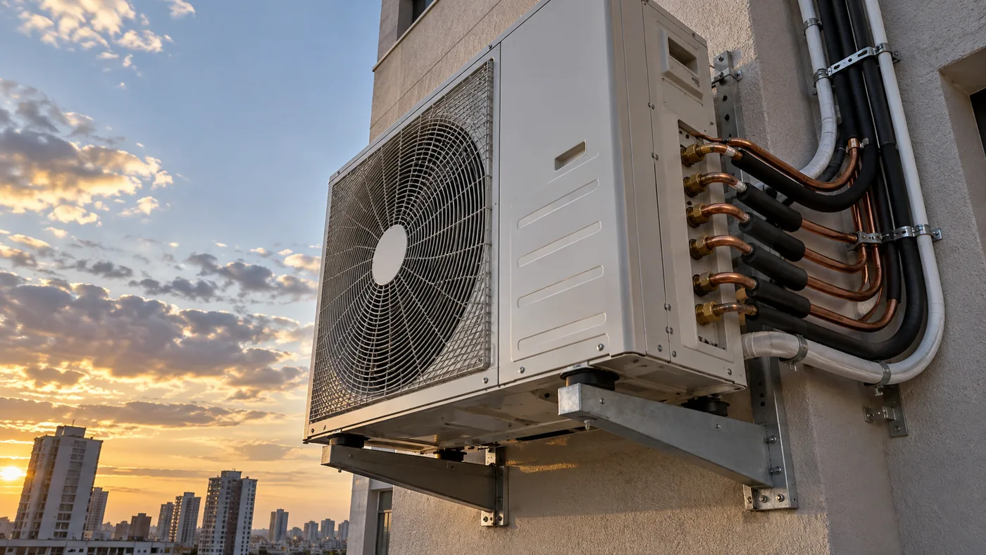Unidade condensadora de sistema Multi Split instalada em fachada de edifício em São Paulo, com múltiplas linhas de tubulação