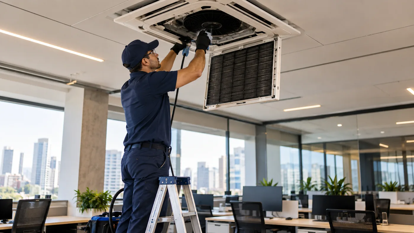 Técnico da SP Manutenções higienizando ar condicionado tipo cassete em escritório comercial em São Paulo