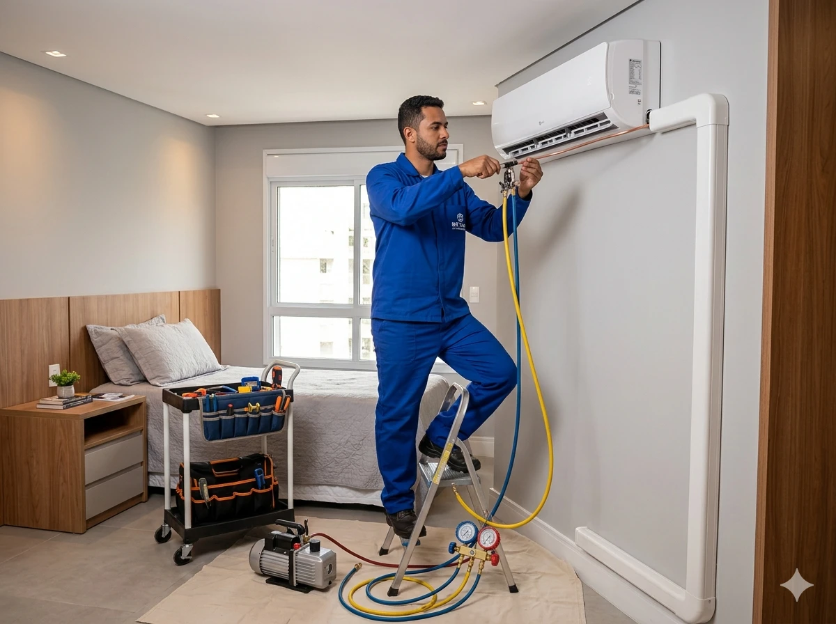 Técnico da SP Manutenções instalando ar condicionado Split com acabamento premium em residência de São Paulo