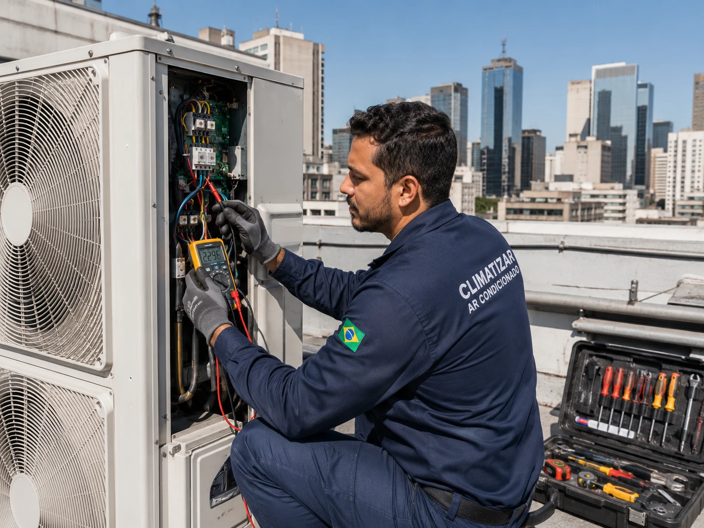 Técnico realizando manutenção em sistema VRF com skyline de São Paulo