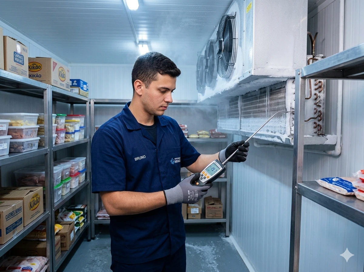 Técnico verificando temperatura em câmara fria de supermercado